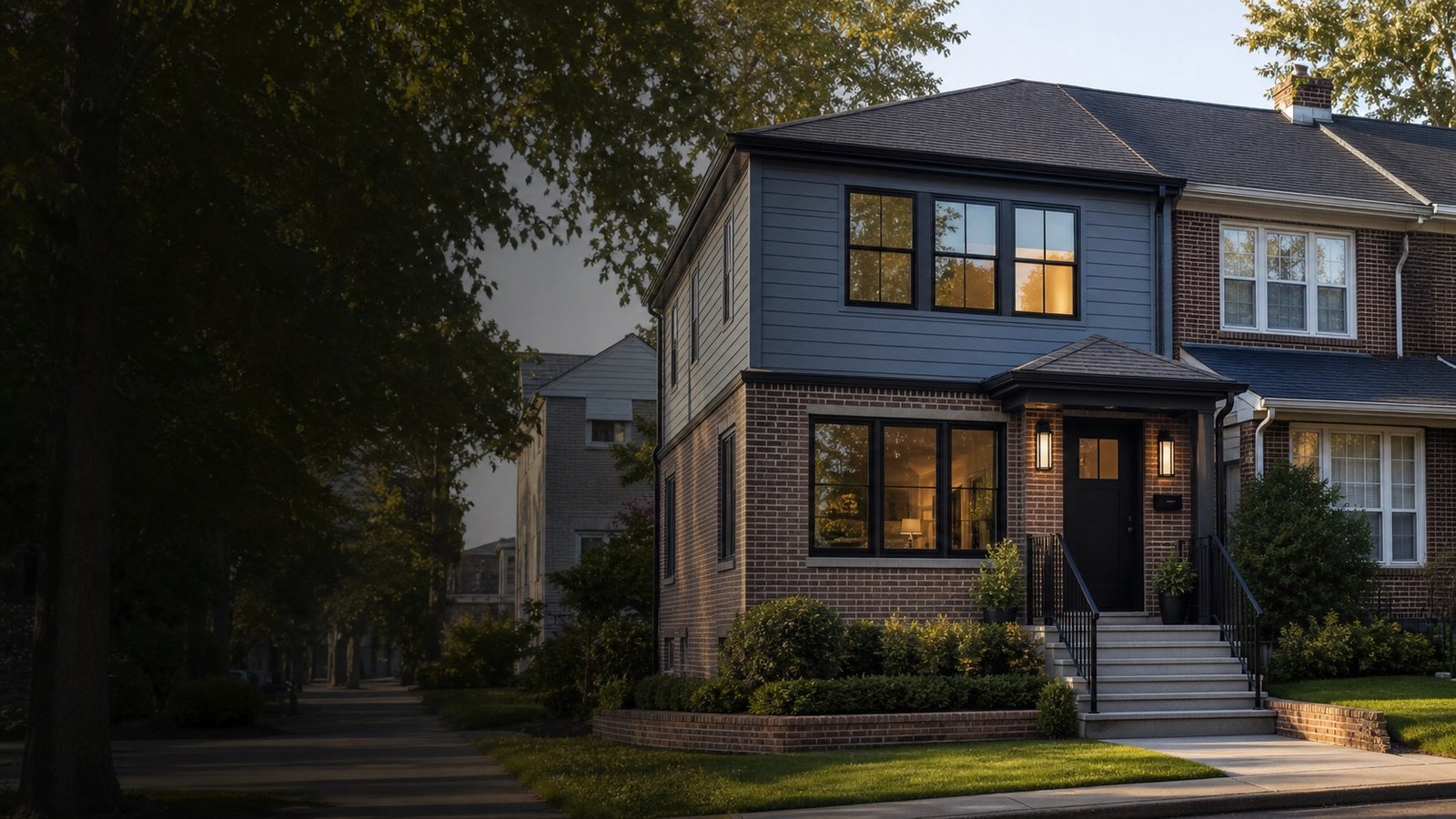 Renovated brick and blue gray siding home on a tree lined street in Queens New York