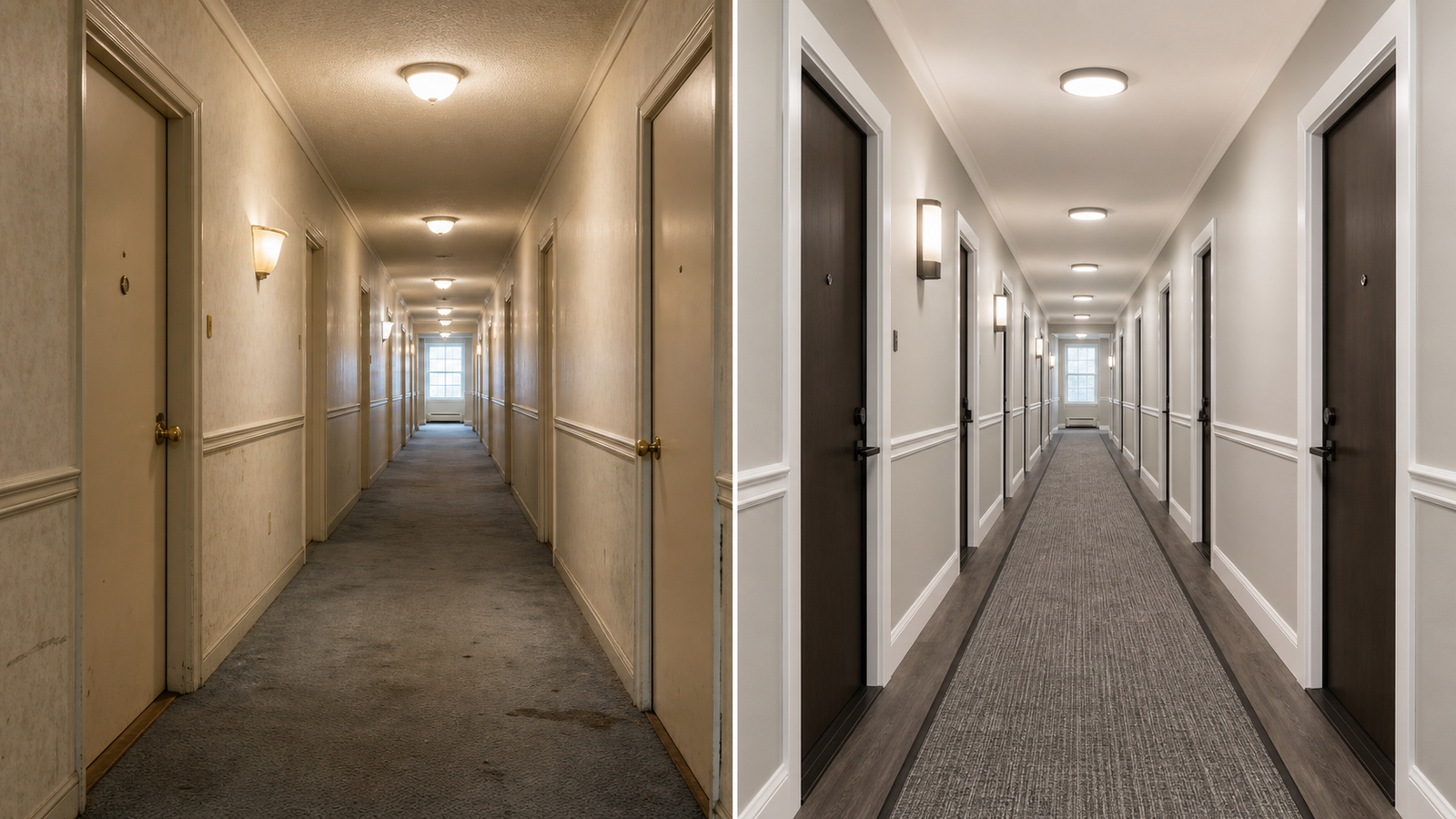 Before and after co-op hallway renovation with updated doors flooring trim and lighting