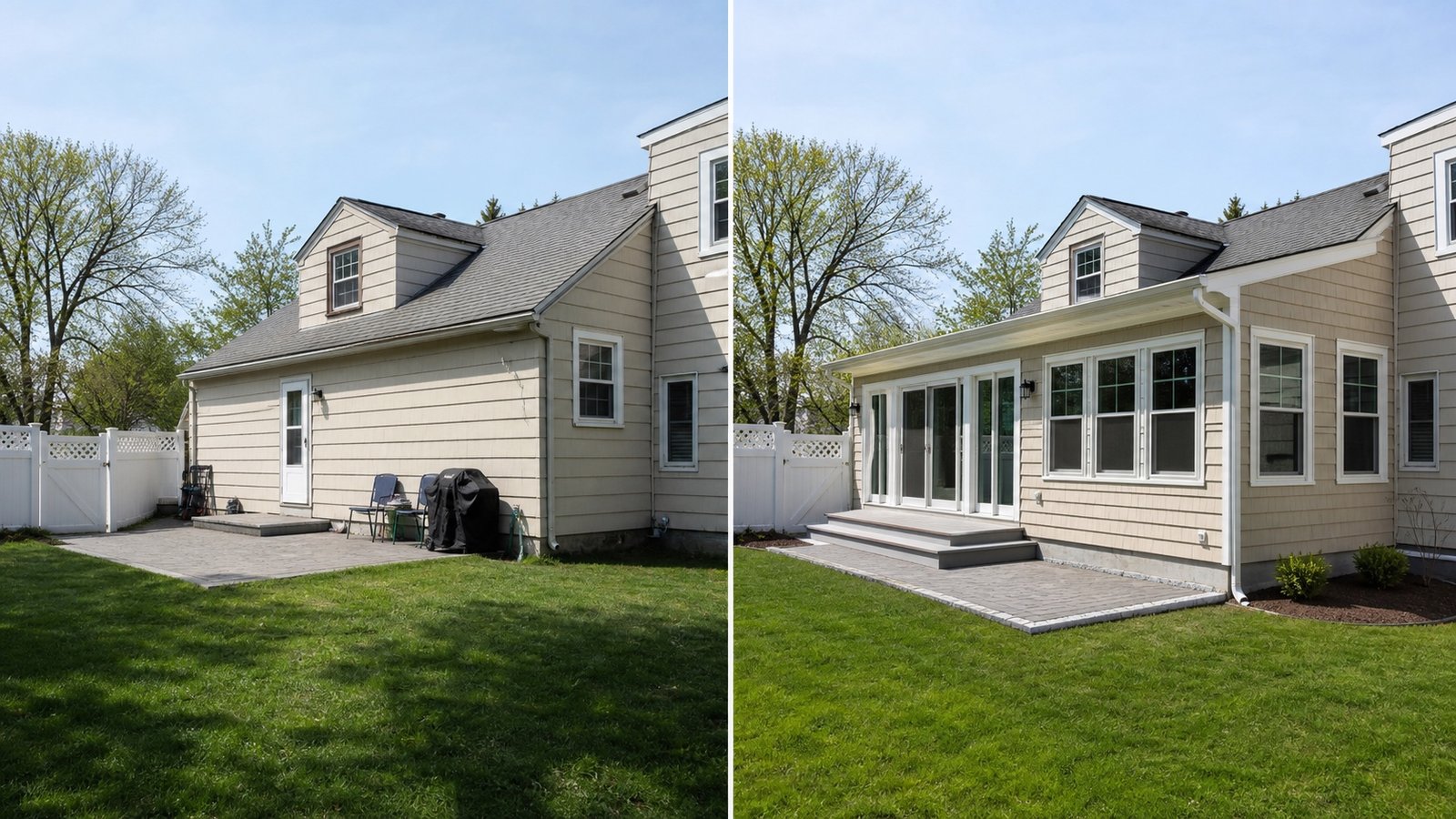 Before and after home addition with new rear extension windows doors and patio