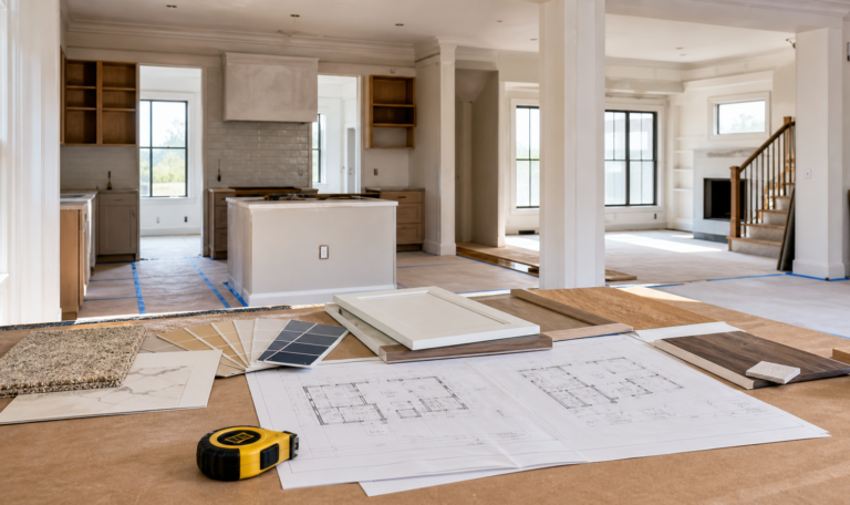 Queens home remodel planning materials with a kitchen and living area renovation in progress