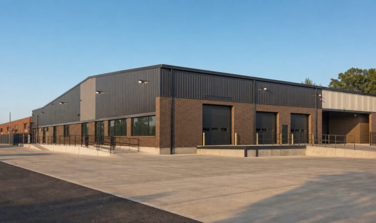 Completed Queens industrial warehouse renovation with loading bays and modern exterior systems