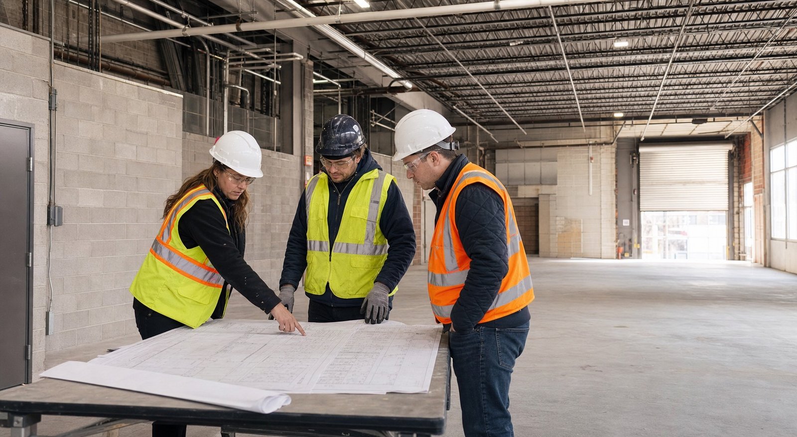 Construction professionals reviewing industrial renovation plans inside a Queens warehouse