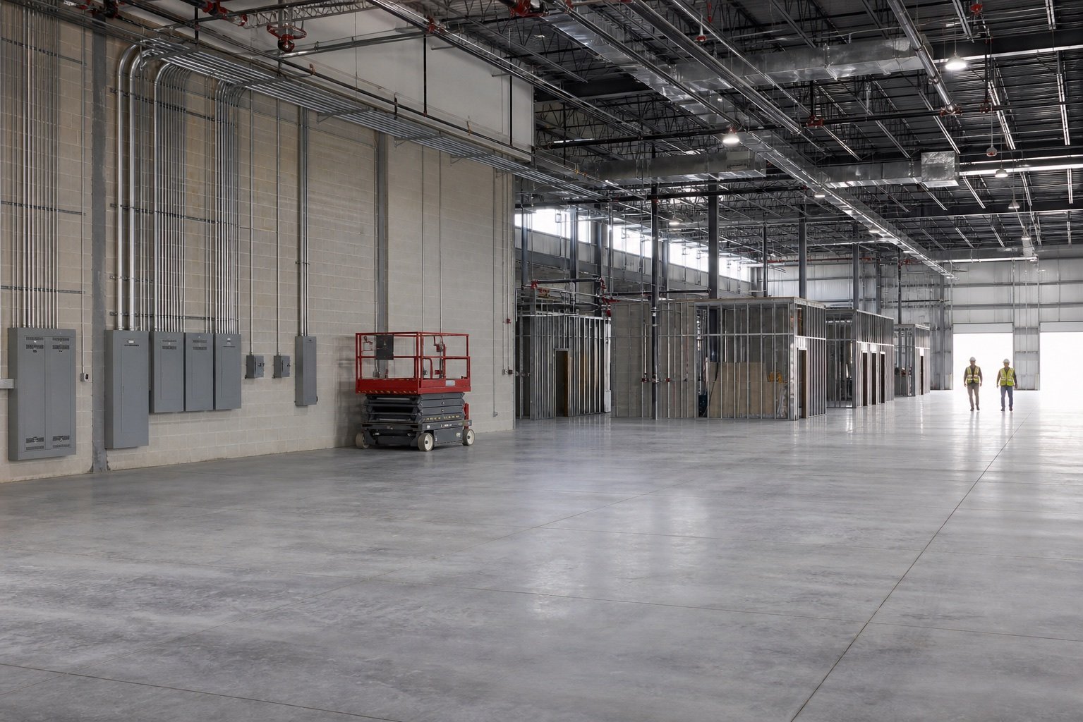 Queens industrial warehouse fit-out with coordinated electrical, mechanical, fire-protection, and framed support spaces