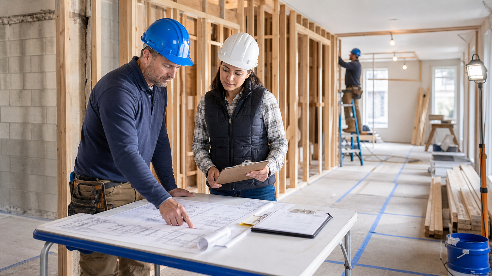 Contractor coordinating inspection details at a framed renovation jobsite
