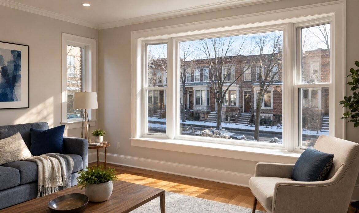 Renovated living room with new energy-efficient windows in a Queens home