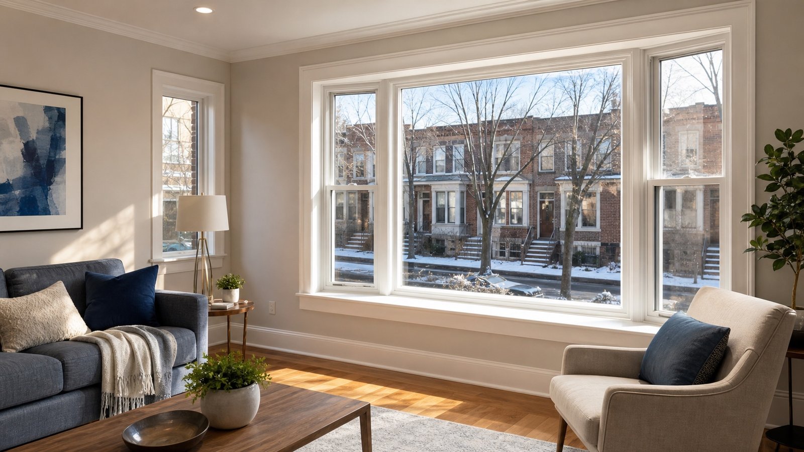 Renovated living room with new energy-efficient windows in a Queens home