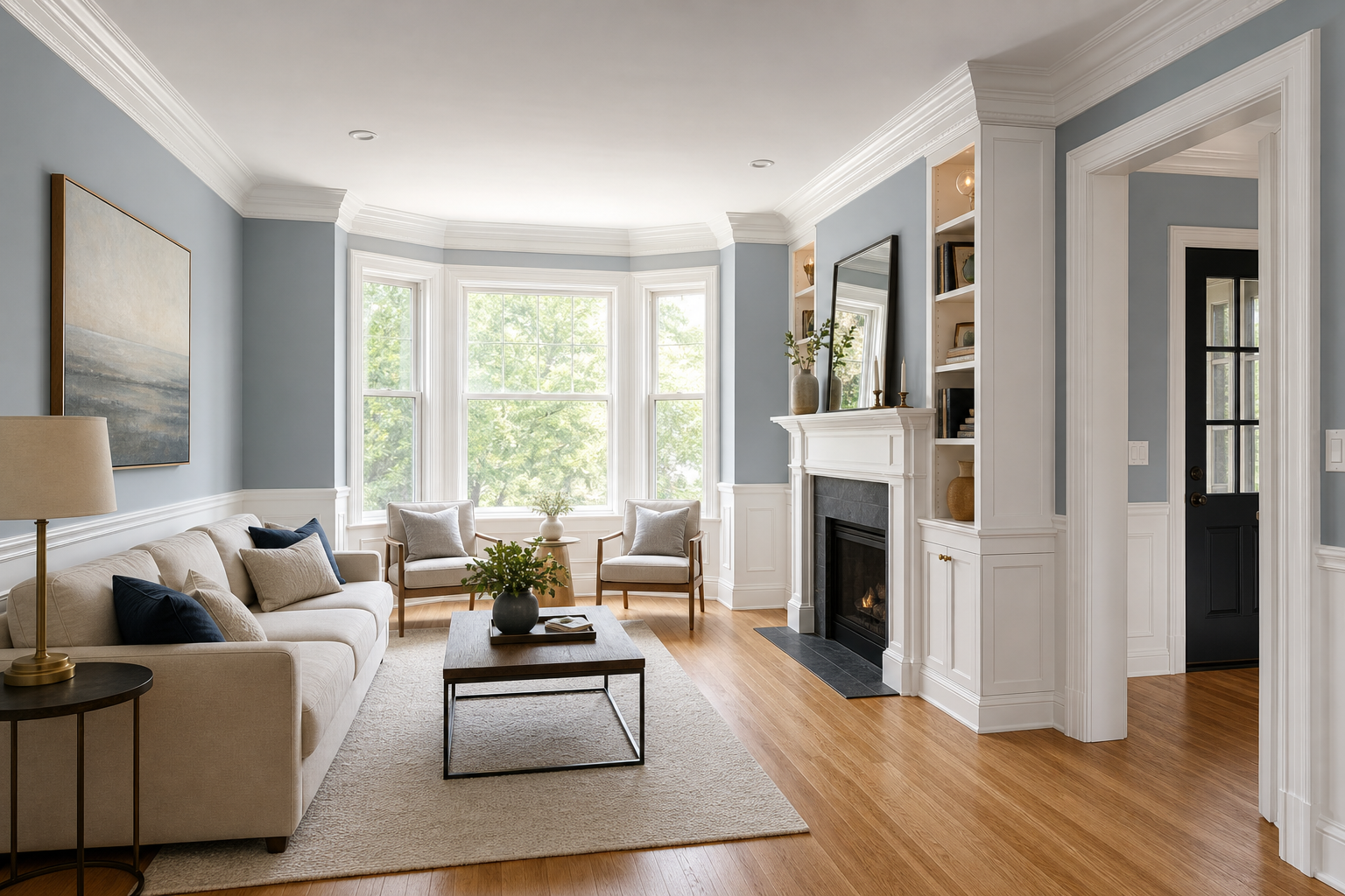 Living room with crown molding, wainscoting, window casing, baseboards, and built-in millwork