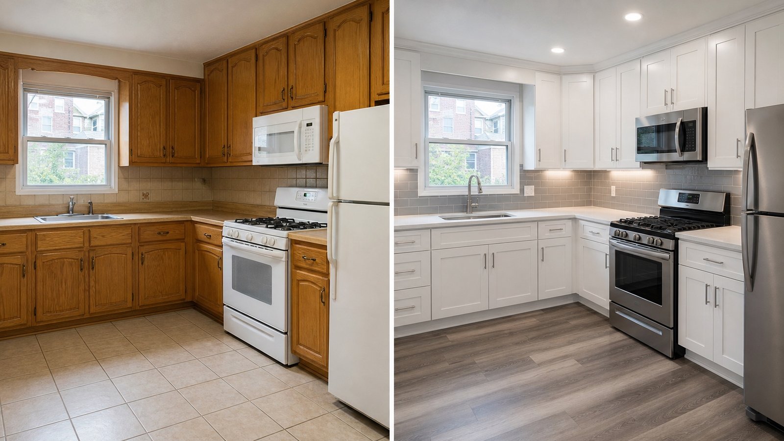 BluRock Services Kitchen Remodeling before and after White Shaker Cabinet Remodel Queens Ny project in Queens, NY.