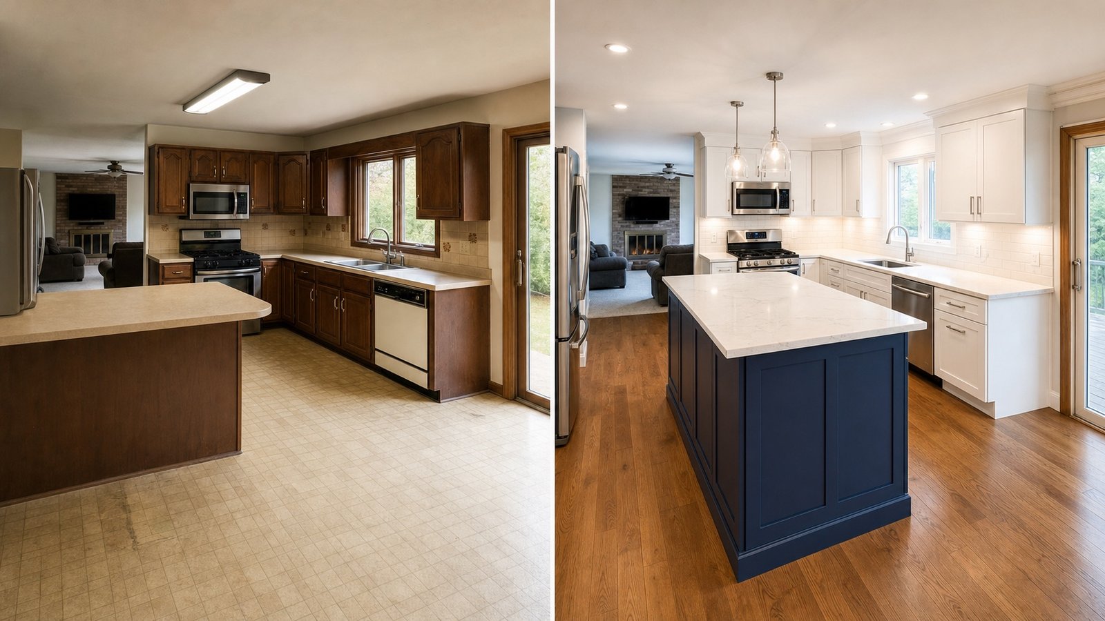 BluRock Services Kitchen Remodeling before and after Island Addition Long Island project in Long Island, NY.
