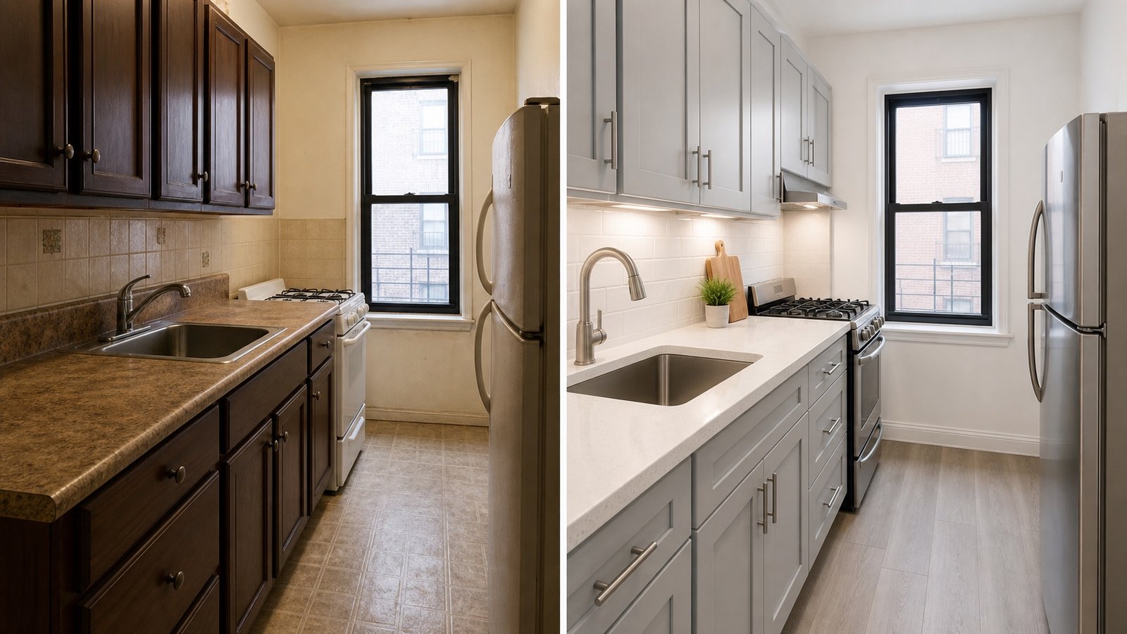 BluRock Services Kitchen Remodeling before and after Compact Apartment Kitchen Queens Ny project in Queens, NY.