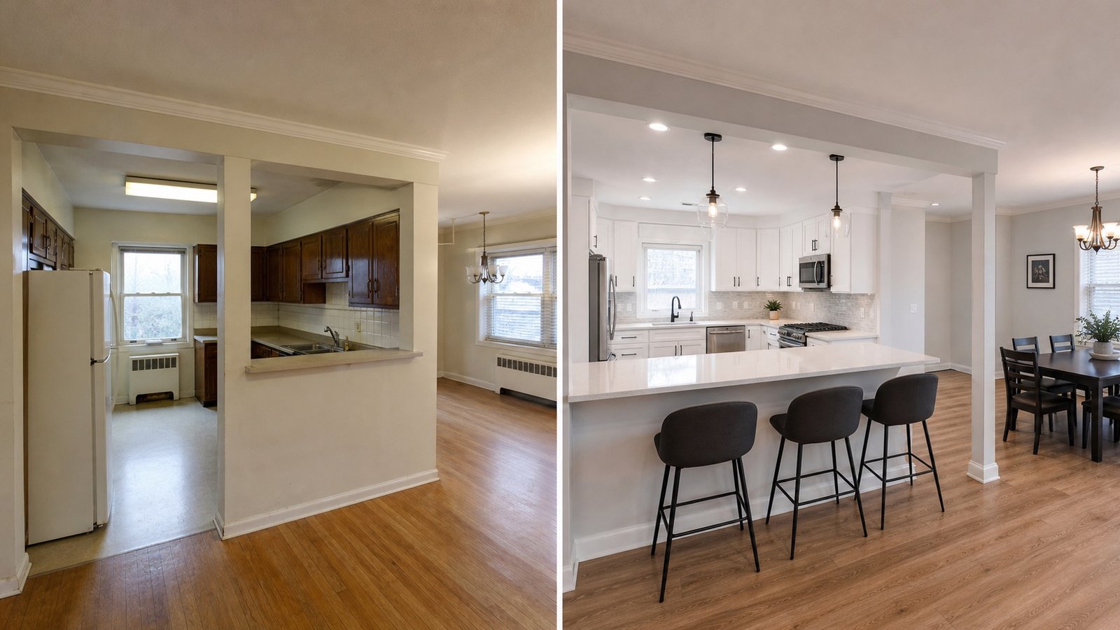 BluRock Services Kitchen Remodeling before and after Open Plan Peninsula Remodel Queens Ny project in Queens, NY.