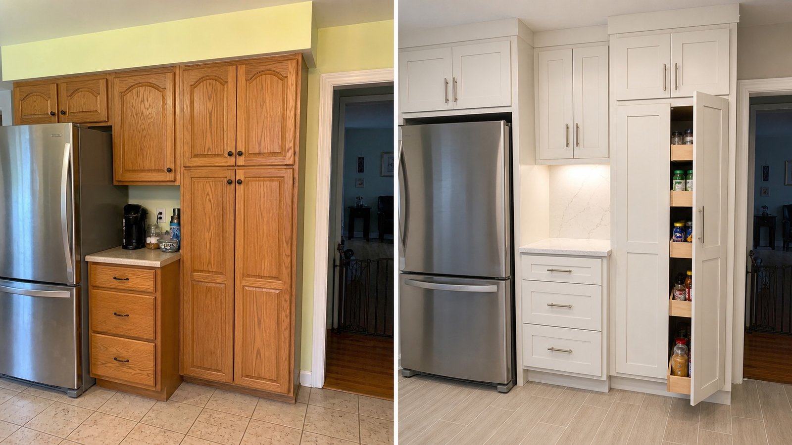 BluRock Services Kitchen Remodeling before and after White Shaker Pantry Storage Wall Queens Ny project in Queens, NY.