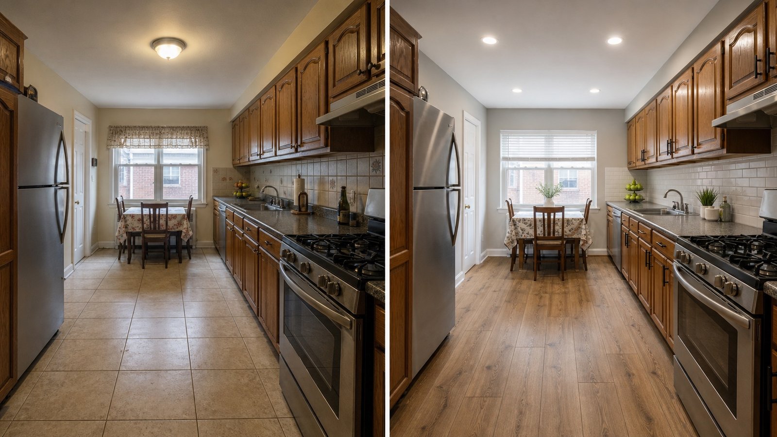 BluRock Services Kitchen Remodeling before and after Floor Lighting Refresh Queens Ny project in Queens, NY.