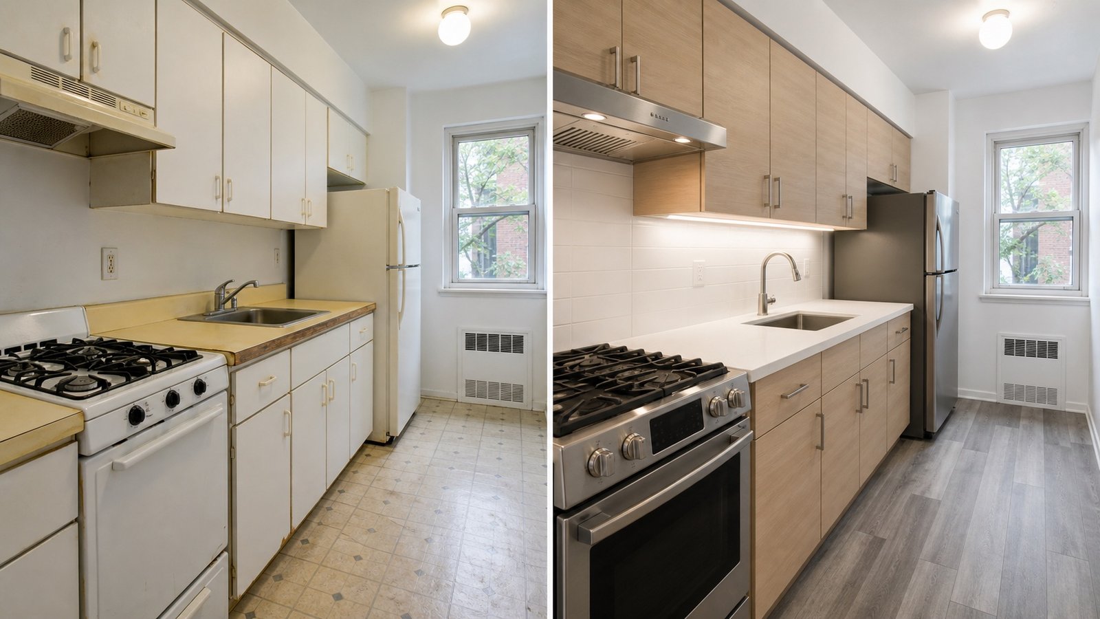 BluRock Services Kitchen Remodeling before and after Small Condo Kitchen Queens Ny project in Queens, NY.