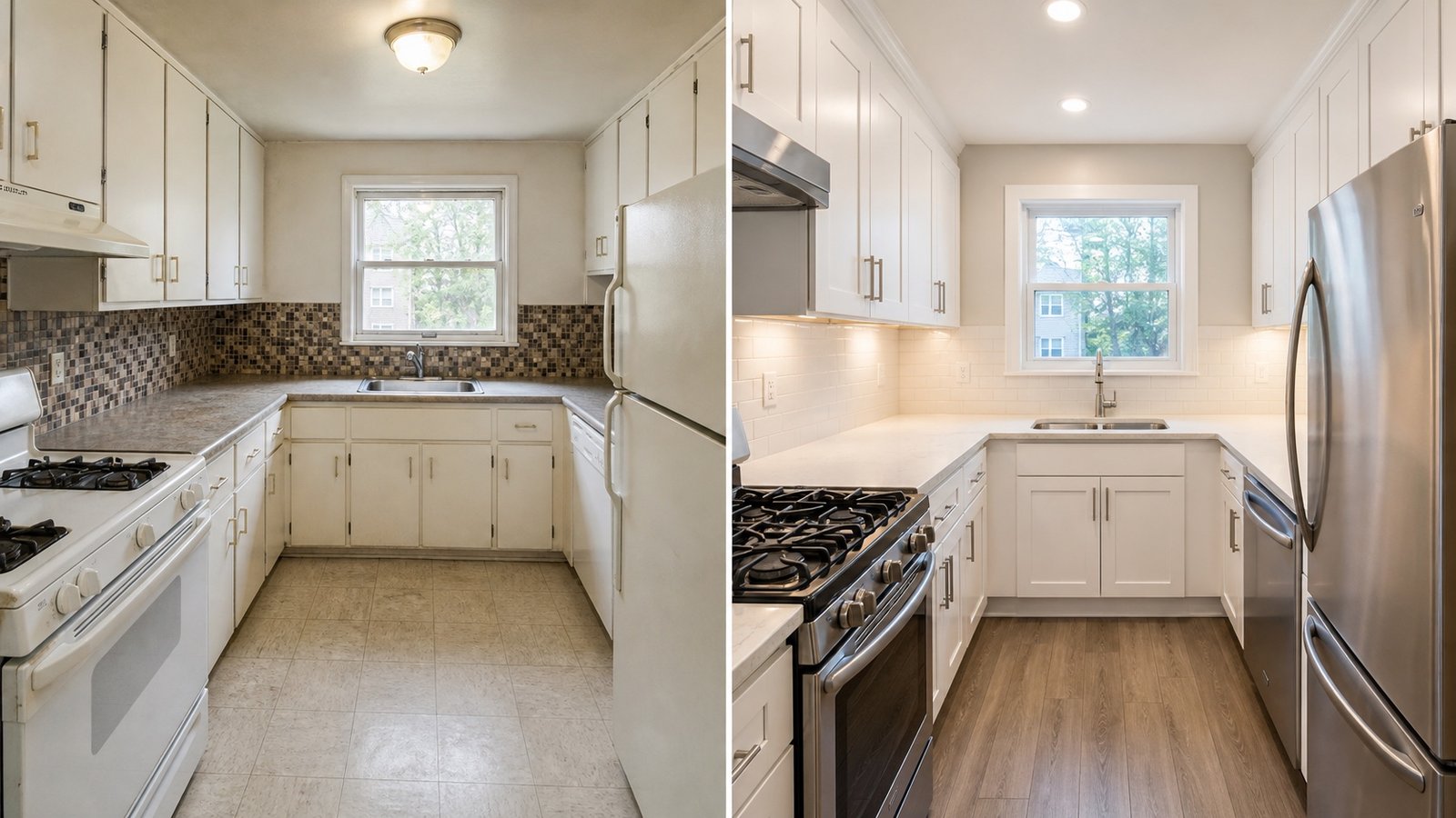 Before and after kitchen remodel with white cabinets quartz counters and new flooring