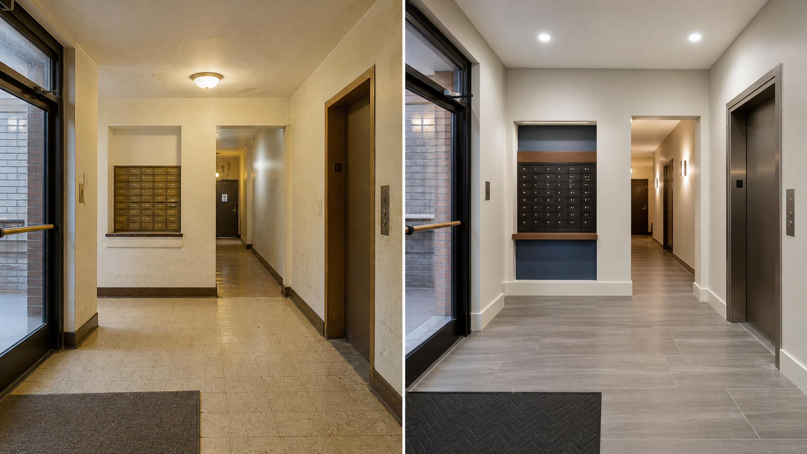 Before and after cooperative building lobby renovation with updated flooring lighting and mail area