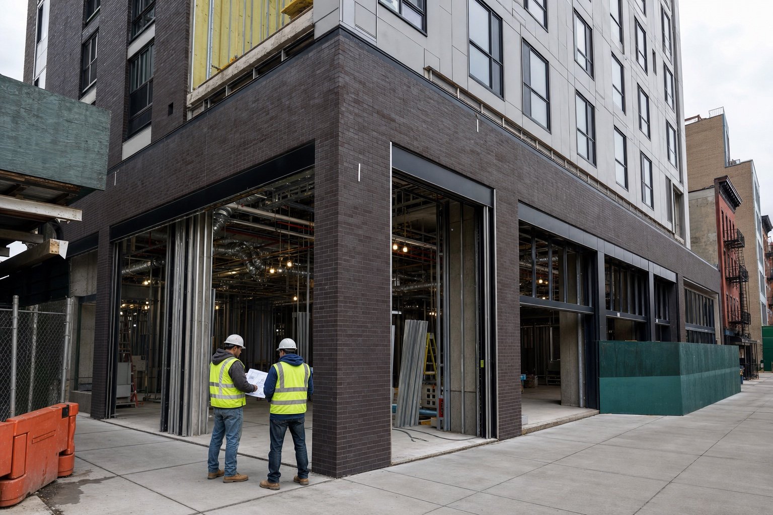 Queens mixed-use building during storefront, facade, and interior systems construction