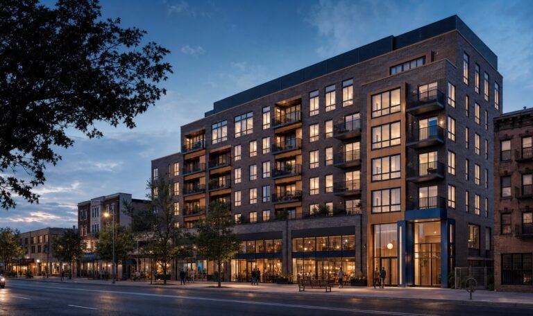 Completed Queens mixed-use building with ground-floor storefronts and apartments above