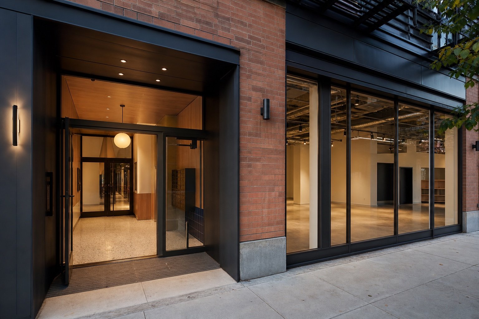 Separate residential lobby and flexible retail storefront at a Queens mixed-use building