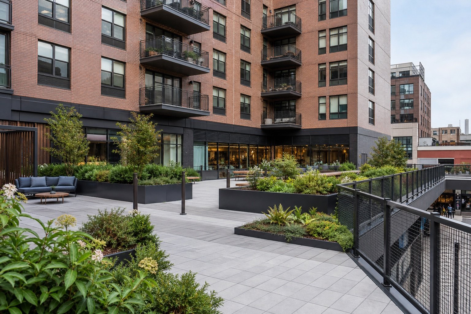 Shared landscaped courtyard serving apartments above commercial space in a mixed-use building