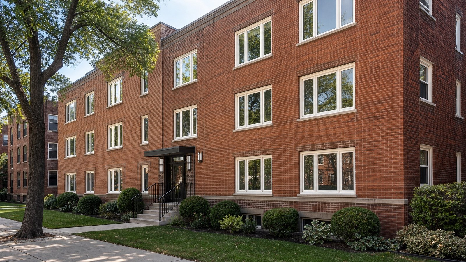 Queens co-op building with uniform replacement windows and brick facade