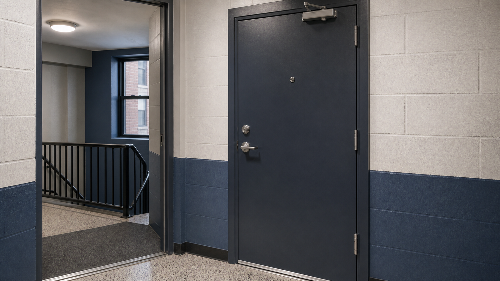 Steel multifamily apartment entry door with closer and metal frame