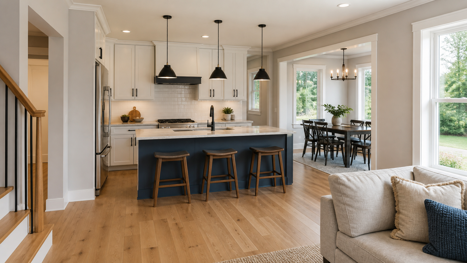 Finished kitchen and open living area in a newly constructed home