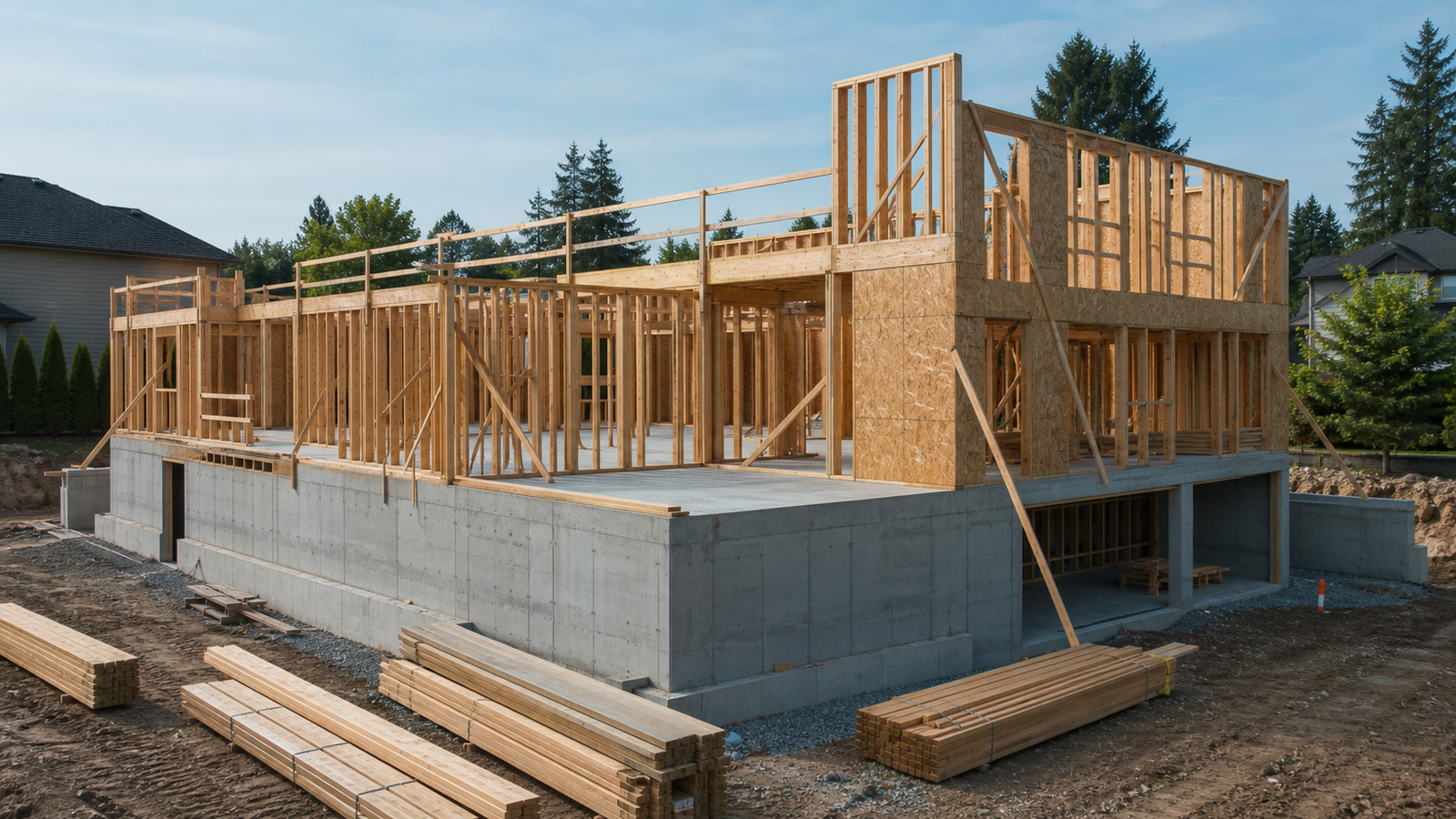 Concrete foundation and wood framing for a new residential construction project