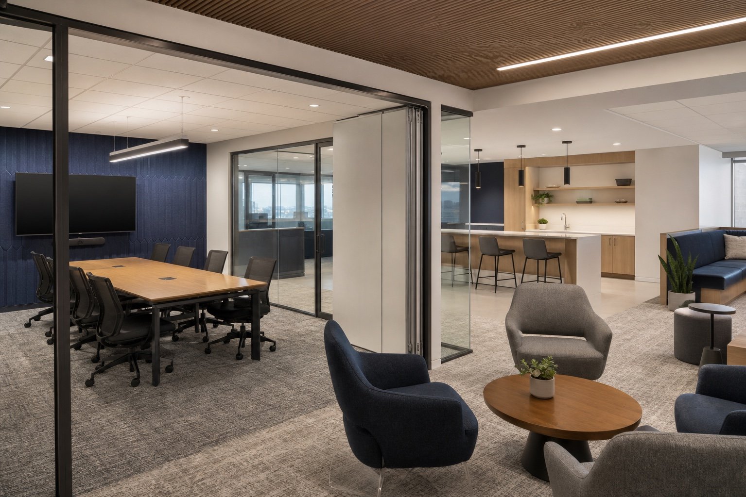 Completed Queens office conference room, collaboration lounge, and employee break area