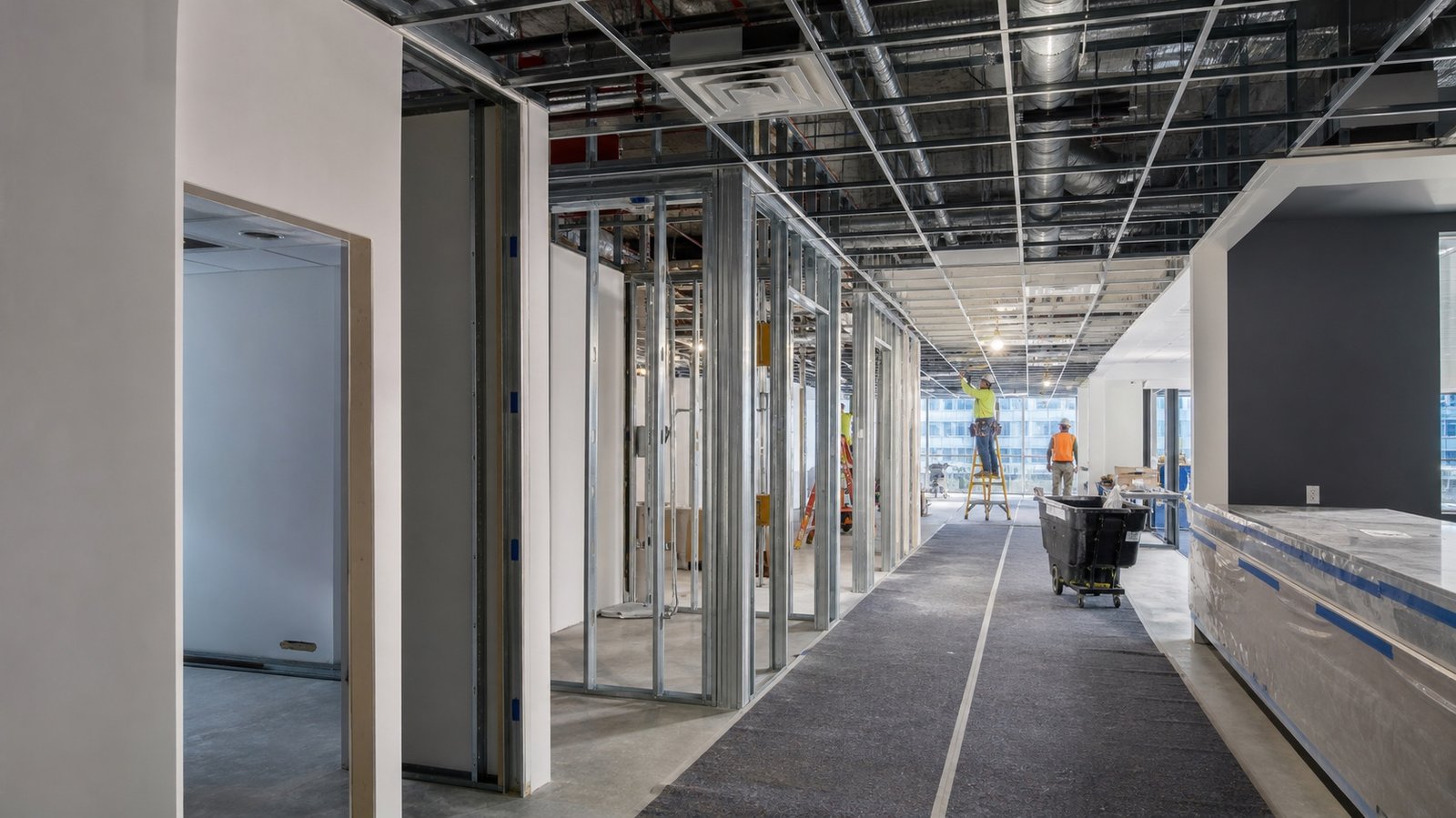 Queens office fit-out during framing, ceiling, HVAC, lighting, and finish coordination
