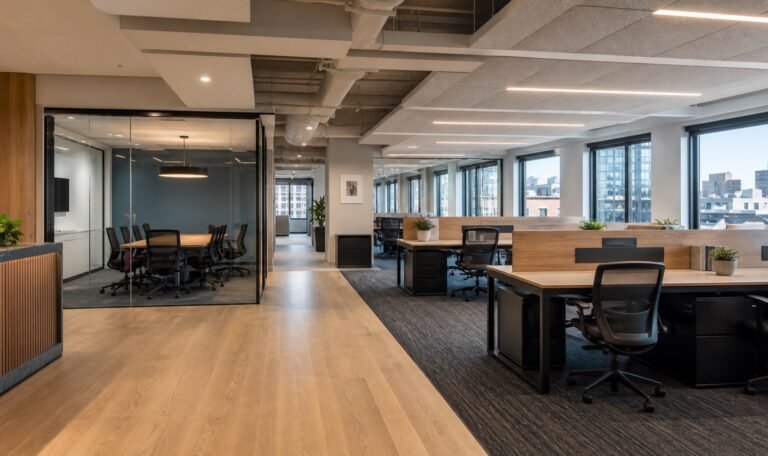 Open office renovation with workstations and conference room for Queens commercial planning
