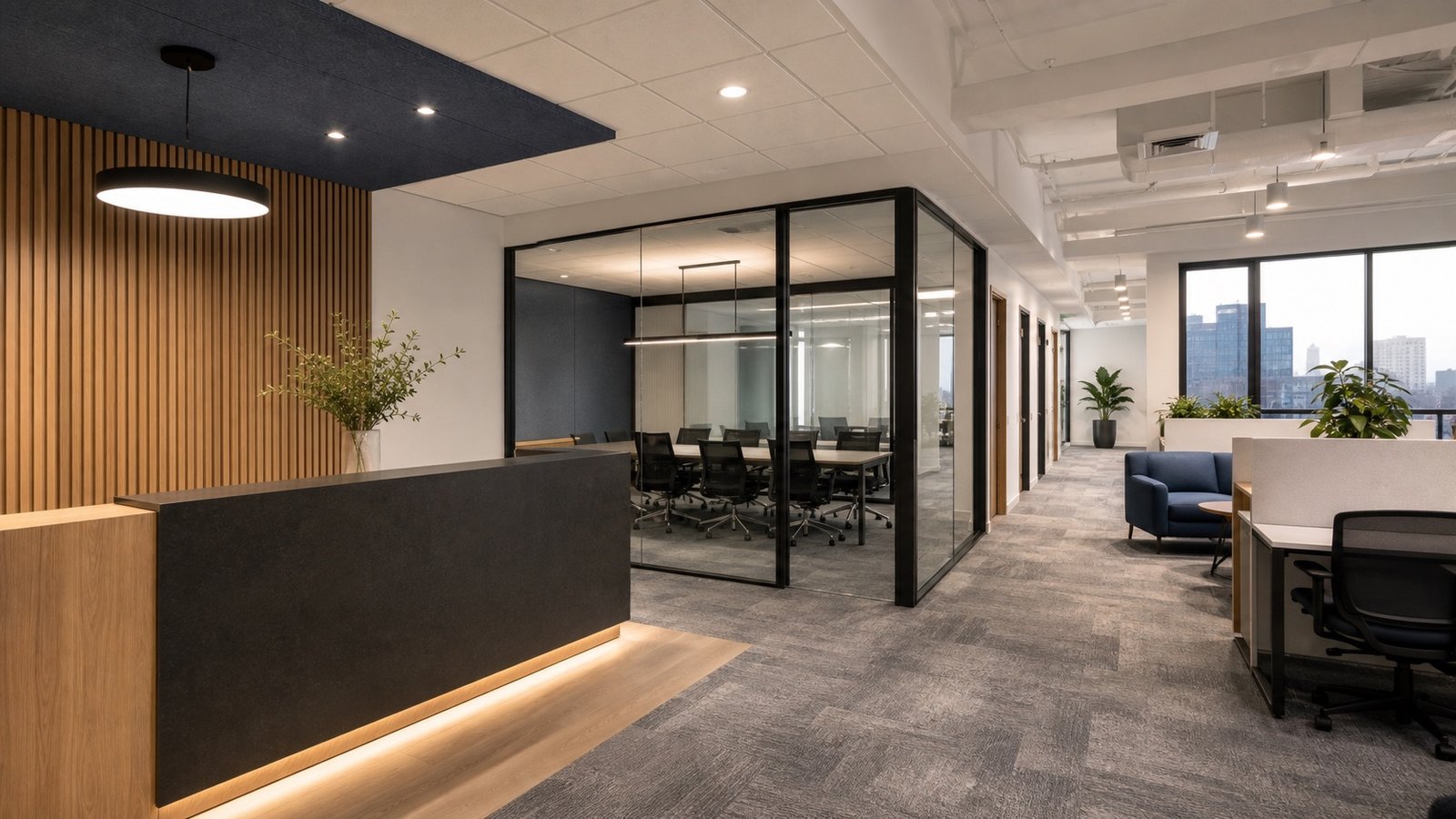 Completed office renovation with reception glass conference room and flexible work area in Queens