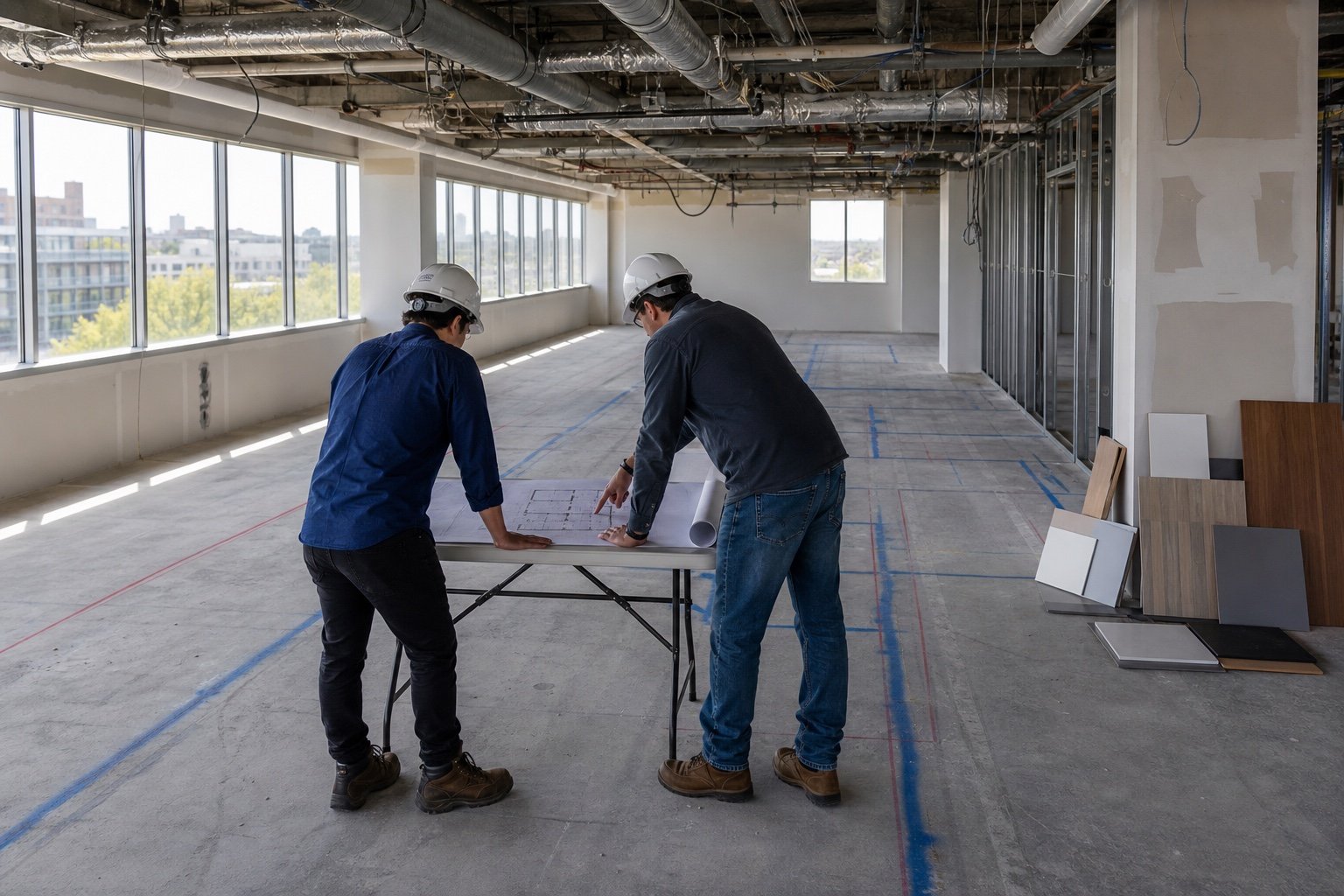 Construction professionals reviewing office space plans in an unfinished Queens commercial suite