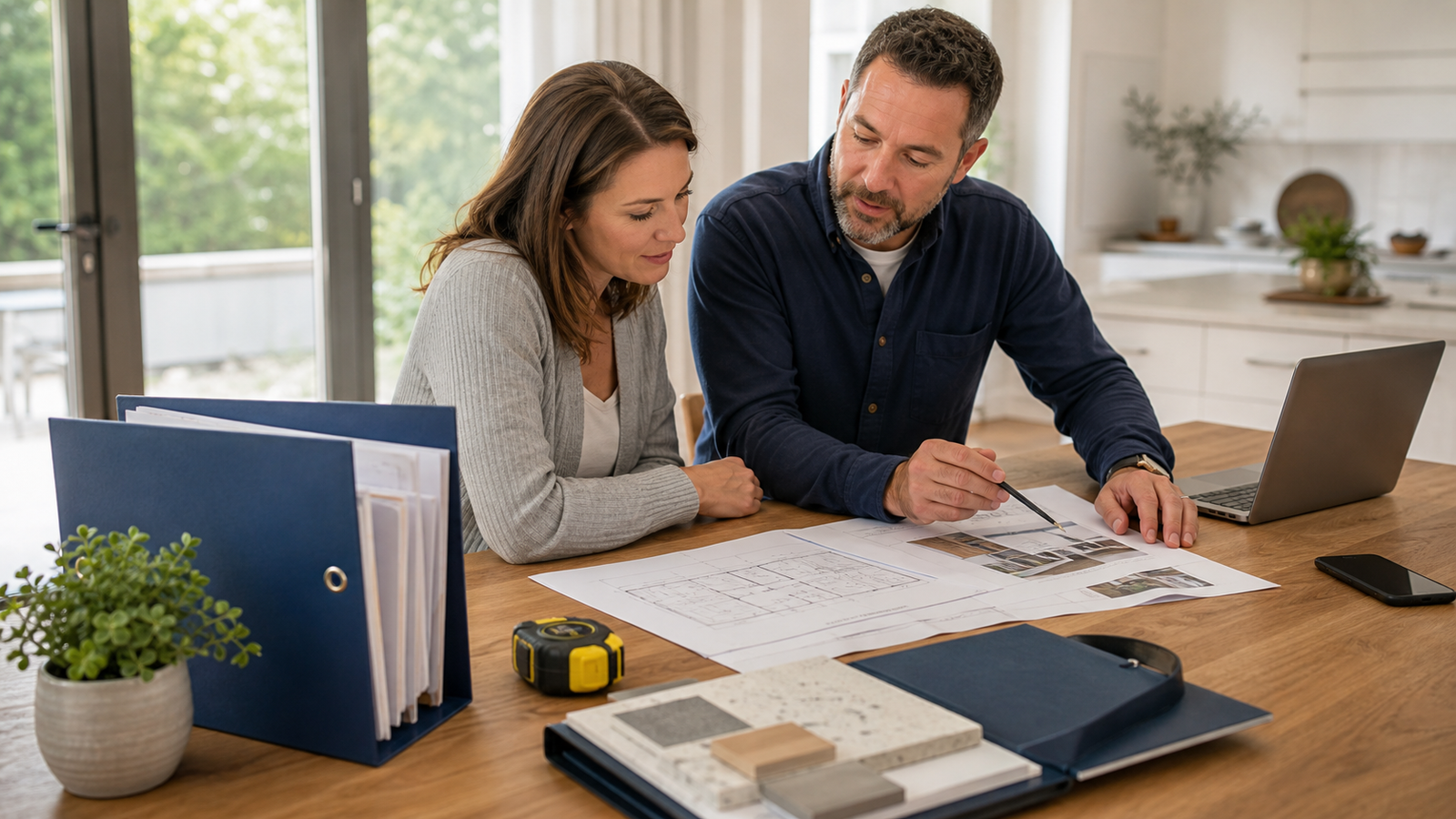 Homeowner reviewing property documents and renovation plans with contractor