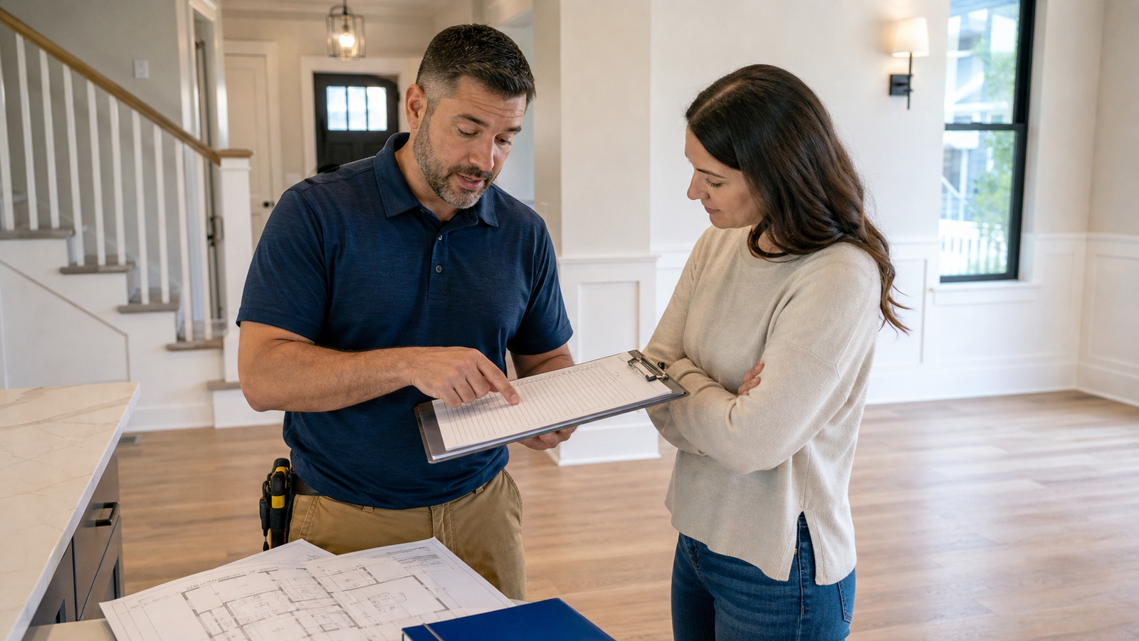 Contractor reviewing closeout checklist in a finished renovation space