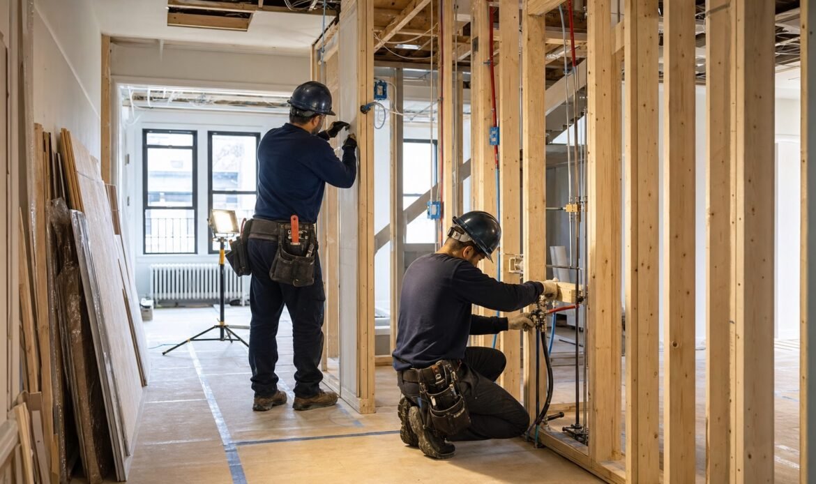 Contractors coordinating framing and building systems during a Queens home addition