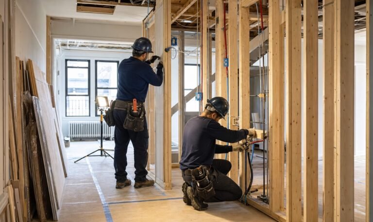 Contractors coordinating framing and building systems during a Queens home addition