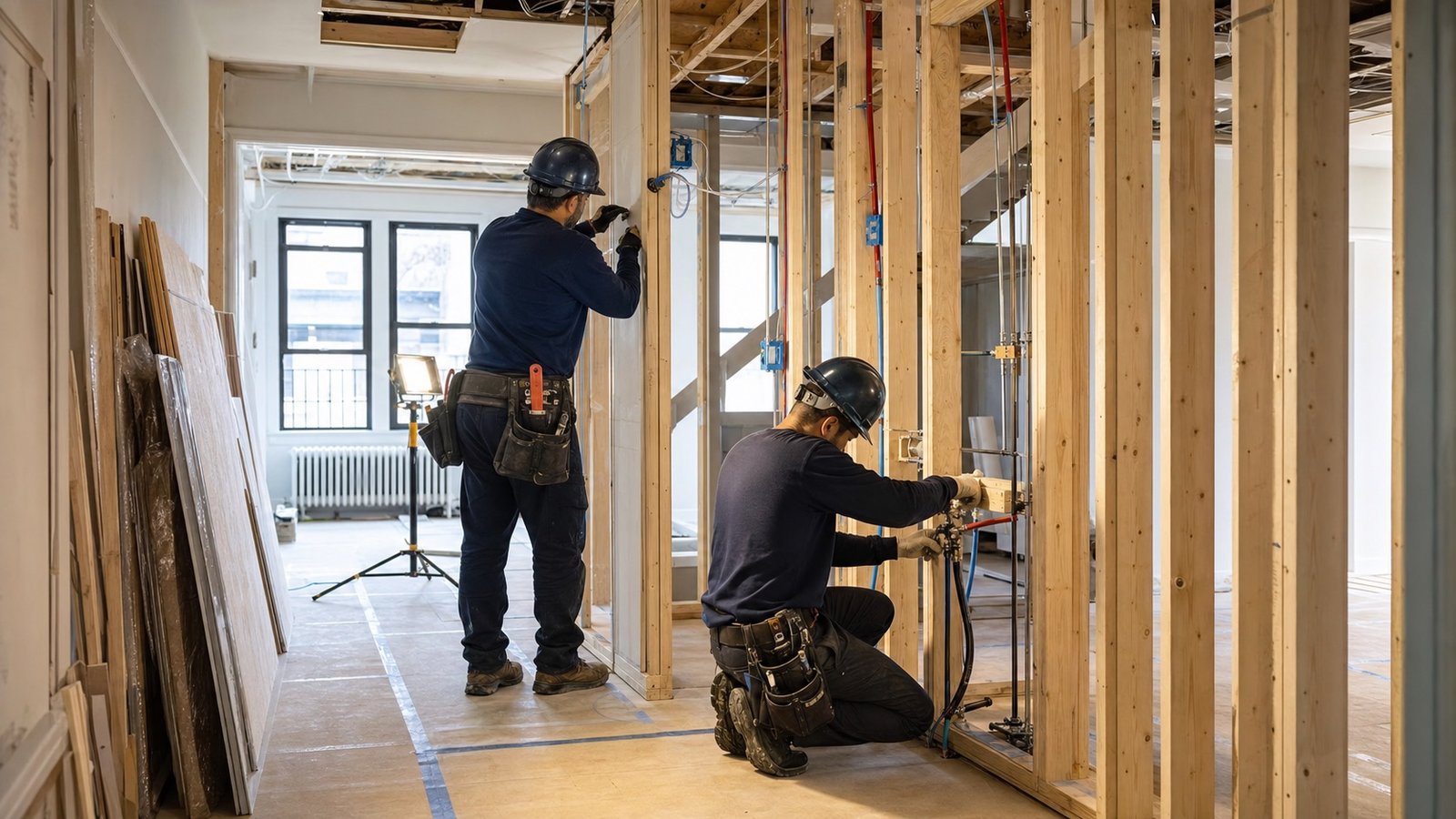 Contractors coordinating framing and mechanical rough in work during a Queens renovation