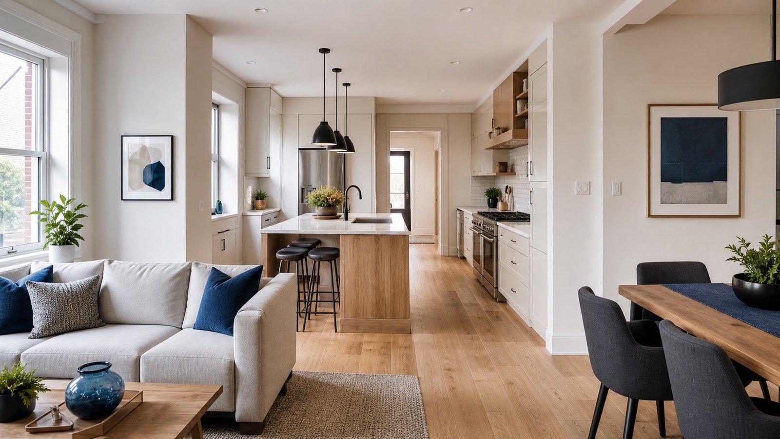 Open plan kitchen living and dining renovation in a Queens home