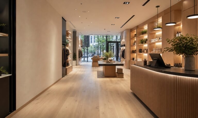 Finished Queens retail renovation with custom displays, warm lighting, and a checkout counter