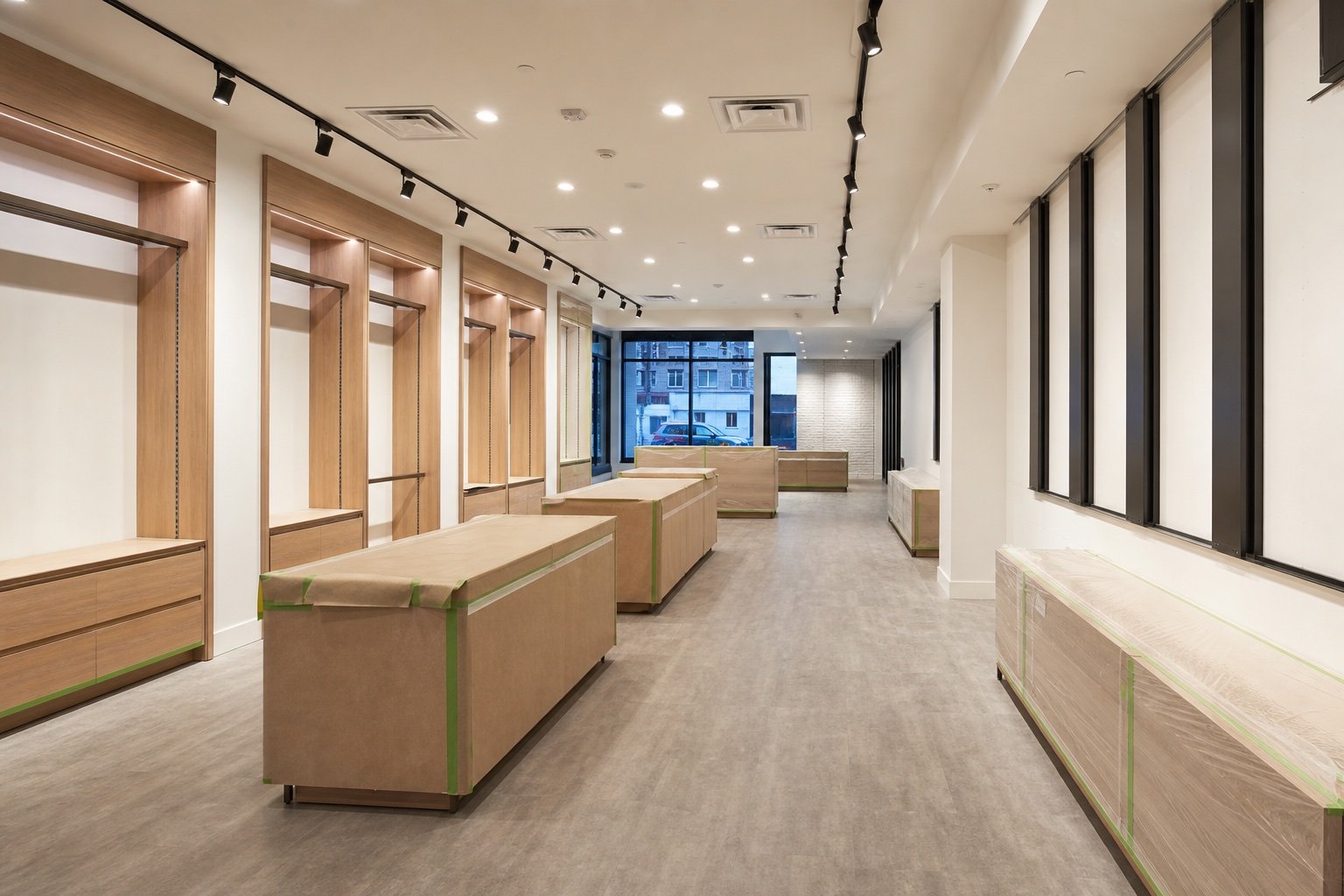 Retail tenant fit-out finishing phase with protected millwork, lighting, HVAC diffusers, and new flooring