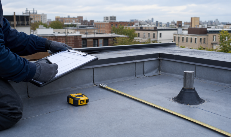 Roofing inspection planning scene on a Queens low-slope roof