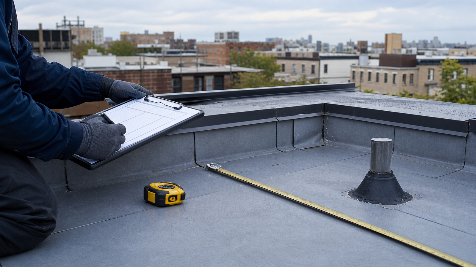 Roofing inspection planning scene on a Queens low-slope roof