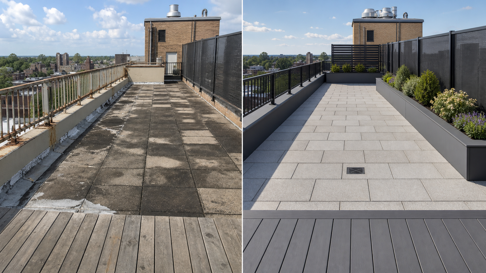 Before and after roof terrace renovation with pavers decking railings and drainage