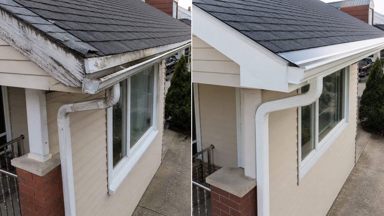BluRock Services Roofing before and after Fascia Gutter Eave Queens Ny project in Queens, NY.