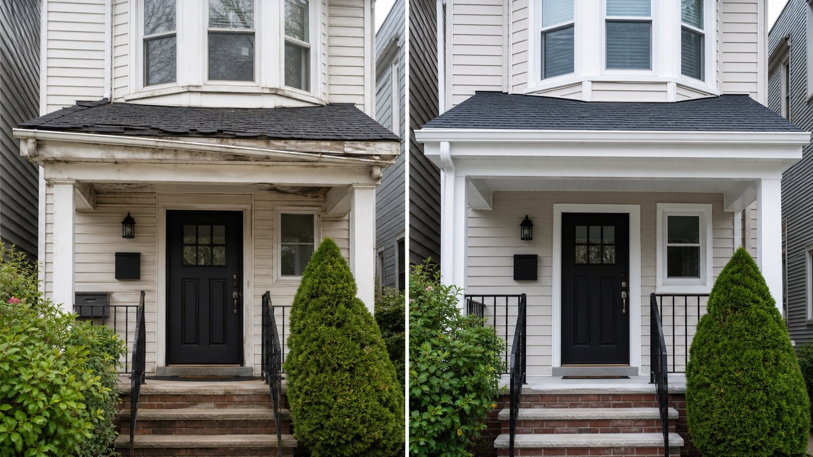 BluRock Services Roofing before and after Porch Roof Entry Queens Ny project in Queens, NY.