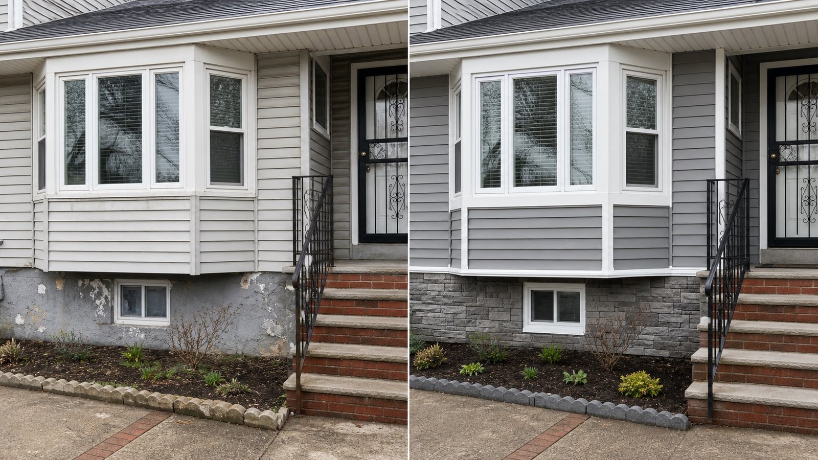 BluRock Services Siding before and after Stone Veneer Base Queens Ny project in Queens, NY.