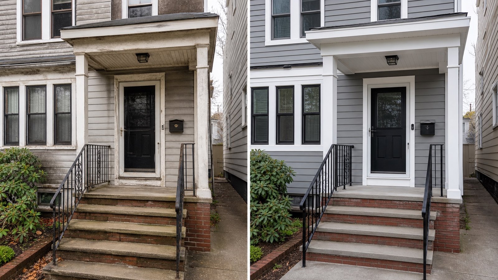 BluRock Services Siding before and after Front Entry Refresh Queens Ny project in Queens, NY.