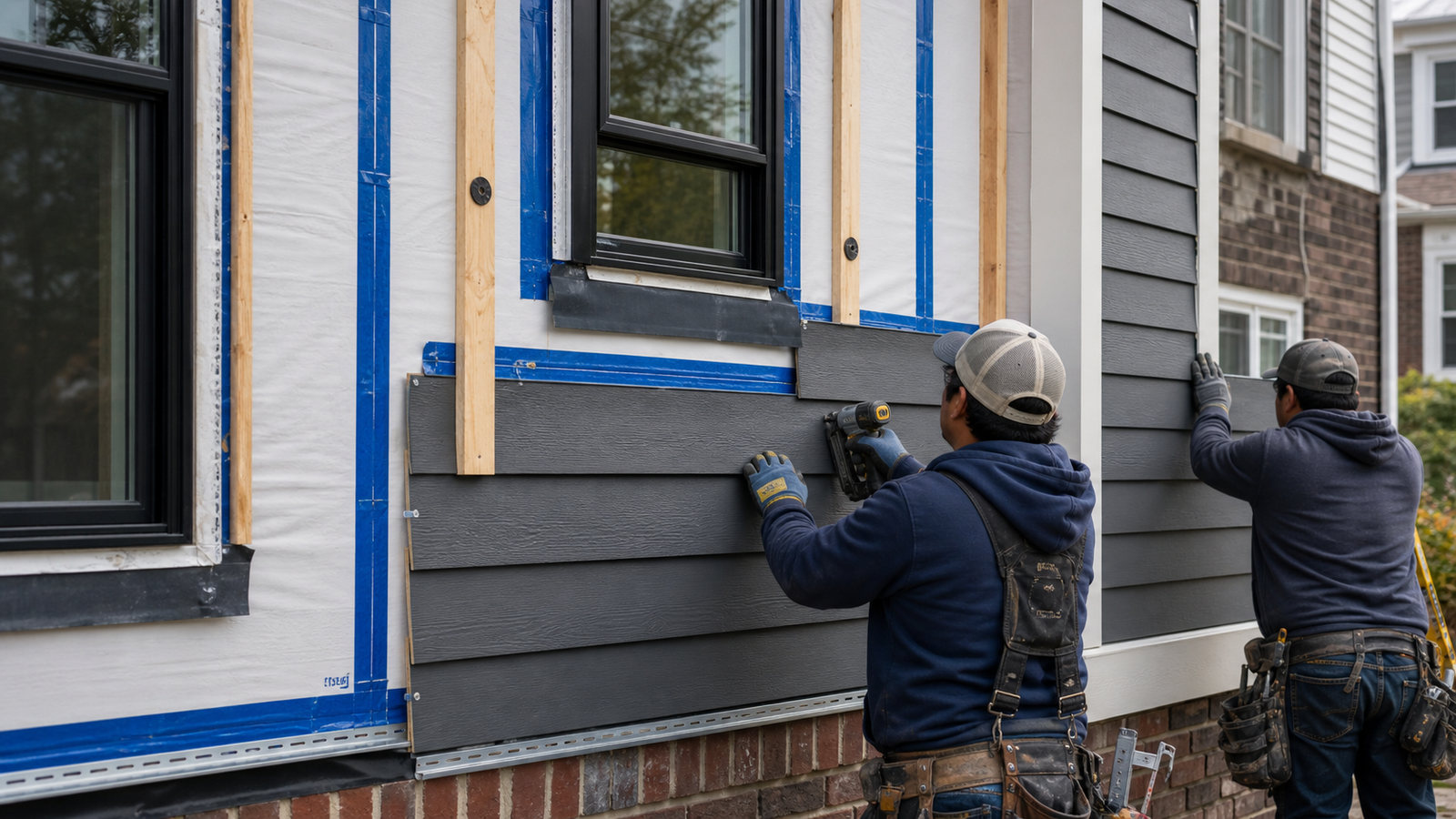Contractors installing siding over housewrap, flashing, and rainscreen furring on a Queens home