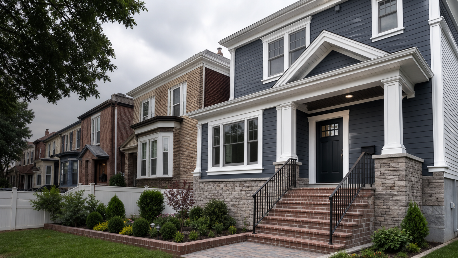 Queens home exterior with white trim, masonry base, and updated entry millwork